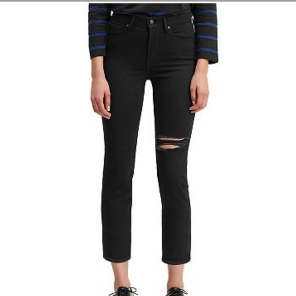 Levis 724 High Rise Straight Cropped Distressed Black Jeans, Size 16 - Picture 9 of 11